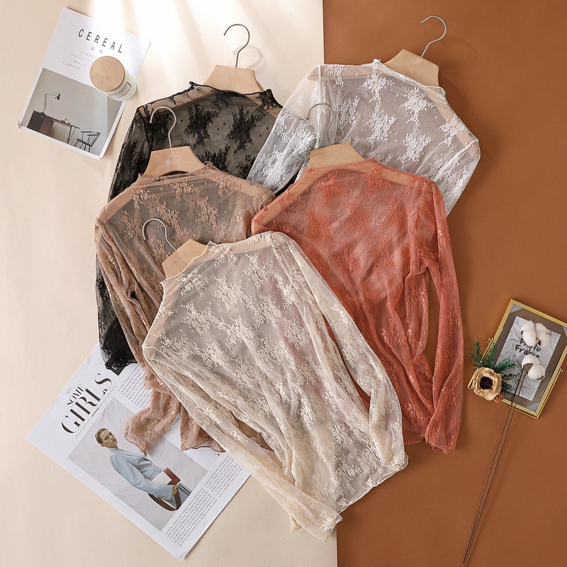 Nuova camicia di alta gamma con base in pizzo per donna, primavera e autunno 2025, top aderente a maniche lunghe in rete, sexy e di grande successo._voghion.com