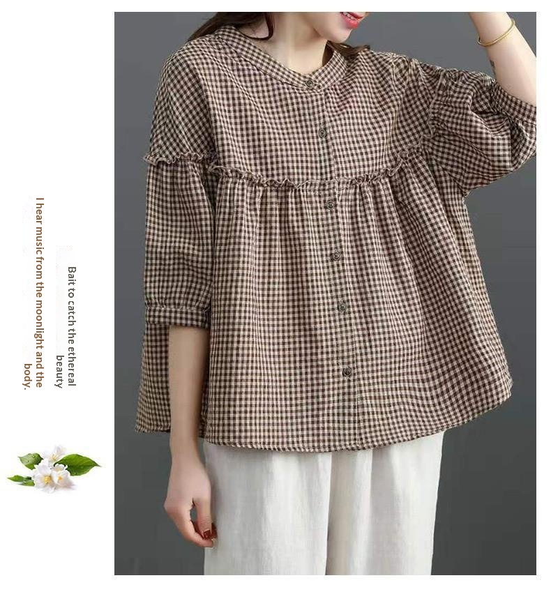 Blusa mujer estilo coreano efecto lino manga tres cuartos_voghion.com