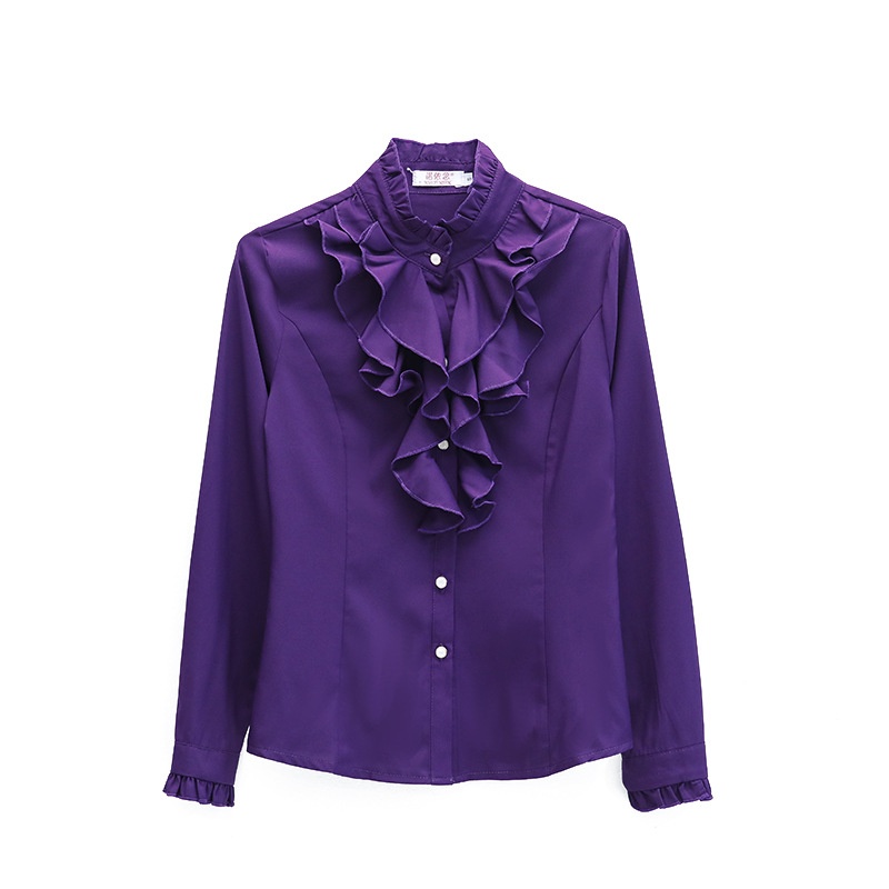 Nuova camicia da donna slim fit con colletto alto e pizzo viola bianco, a maniche lunghe, ideale per autunno e inverno._voghion.com
