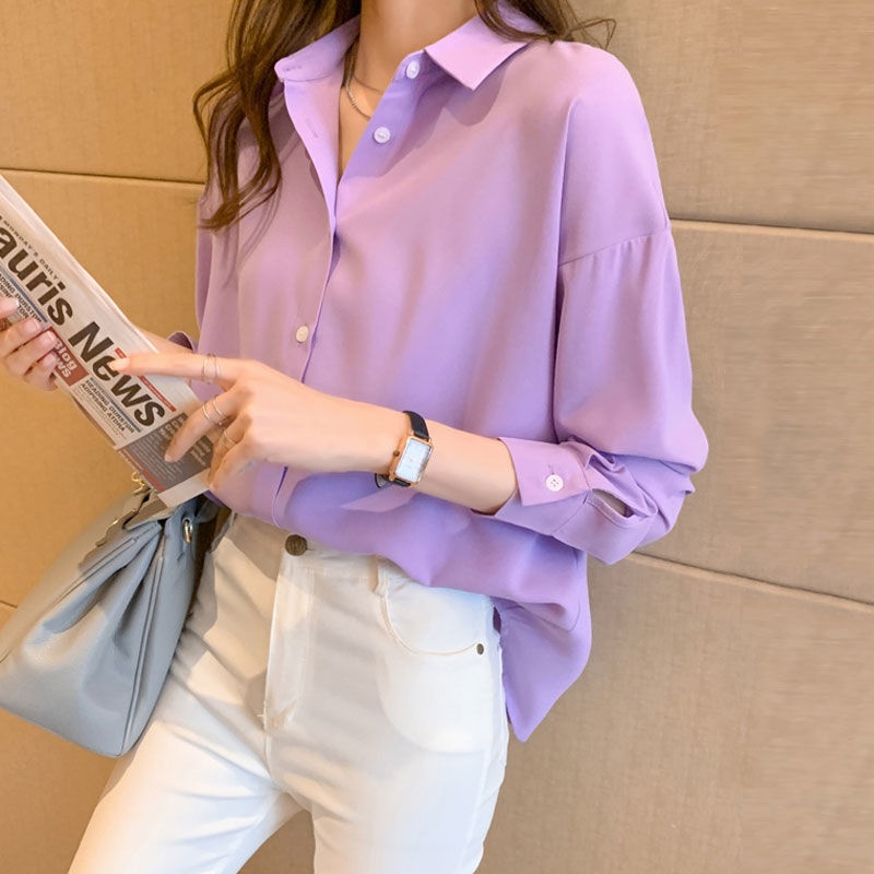 Spring And Autumn Loose Plus Size Solid Color Chiffon Blouse Women's Korean Casual Ins Hong Kong Style Long Sleeve Base_voghion.com