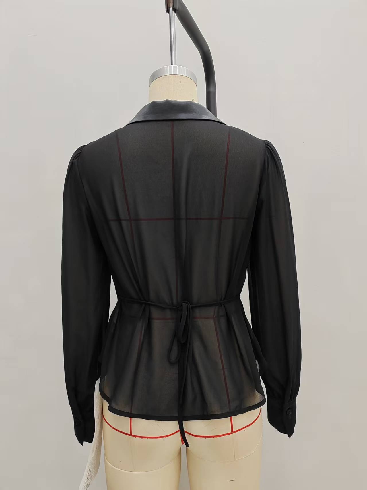 Women's Satin Blouse With Chiffon Inserts And V-neck Detail_voghion.com
