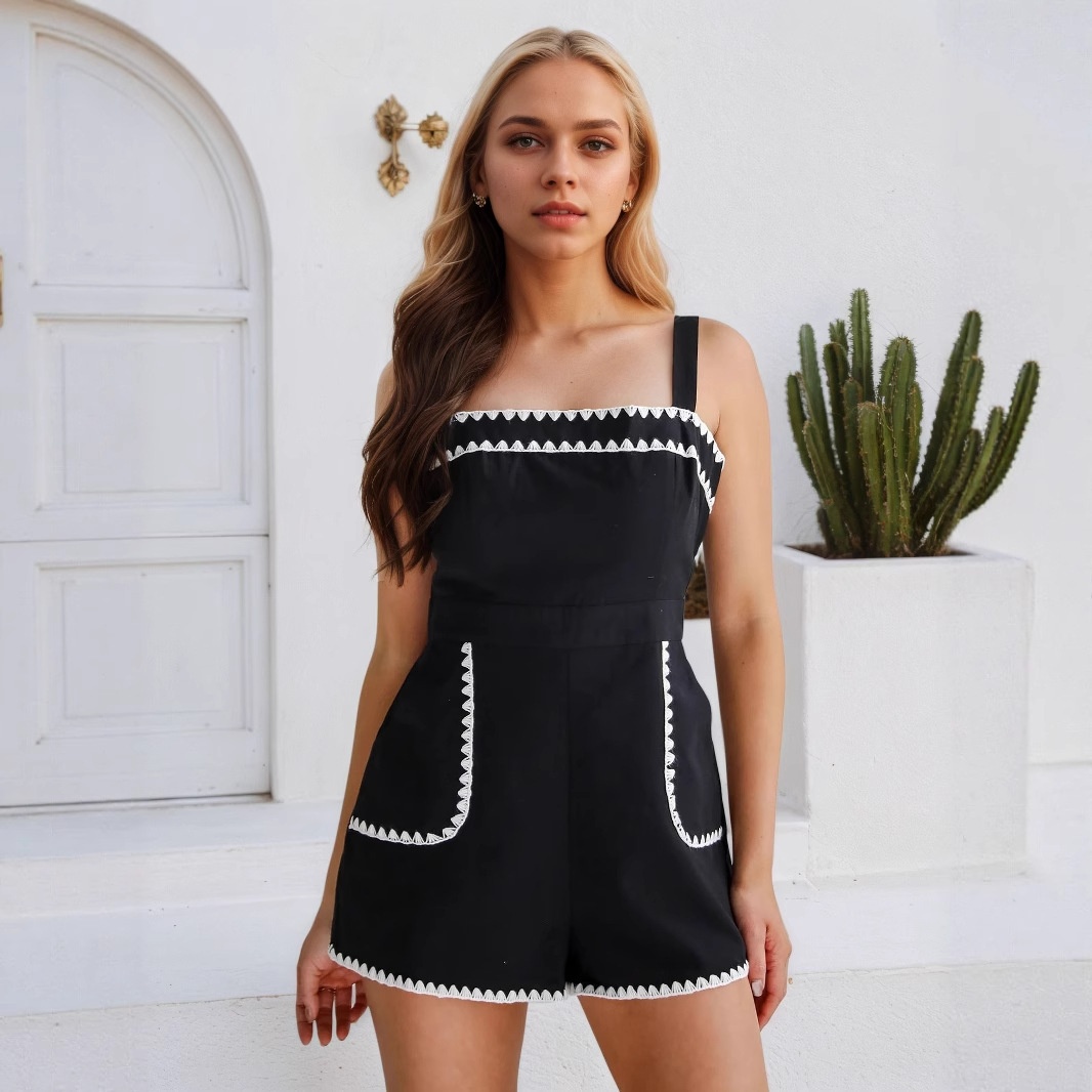 Elegant Fashionable Embroidered Lace Pocket High-waisted European And American Style Women's Jumpsuit With Suspenders_voghion.com