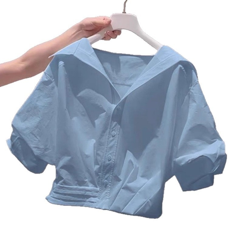 Dopamine Age-Reducing Green Turn-Down Collar Sleeve Women 2025 Summer New Sweet Short Shirt For Petite Figures_voghion.com