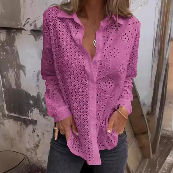 Nuova camicia transfrontaliera europea e americana, top da donna alla moda con stampa traforata, bottoni e rete, primavera/estate._voghion.com
