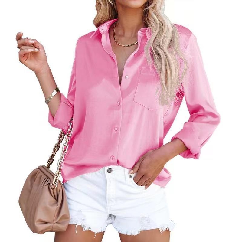 Camicia da ufficio a maniche lunghe con scollo a V in raso, nuova collezione primavera 2026, disponibile in magazzino. Abbigliamento donna europeo e americano, primavera 2026. Disponibile._voghion.com