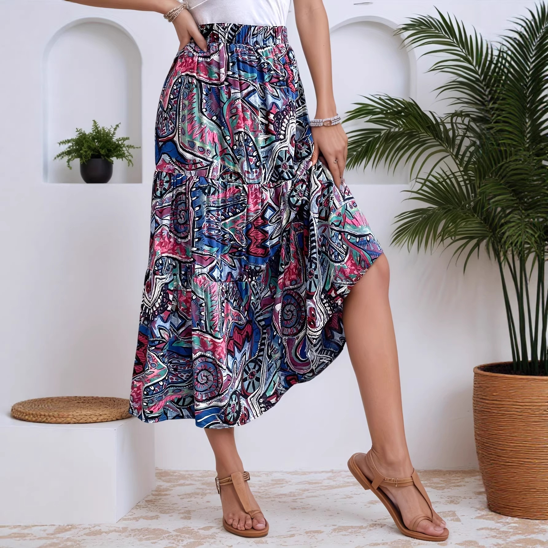 European And American Fashion Foreign Trade, Casual Spring-summer Stylish Women's Blue Floral Print Ruffled A-line_voghion.com