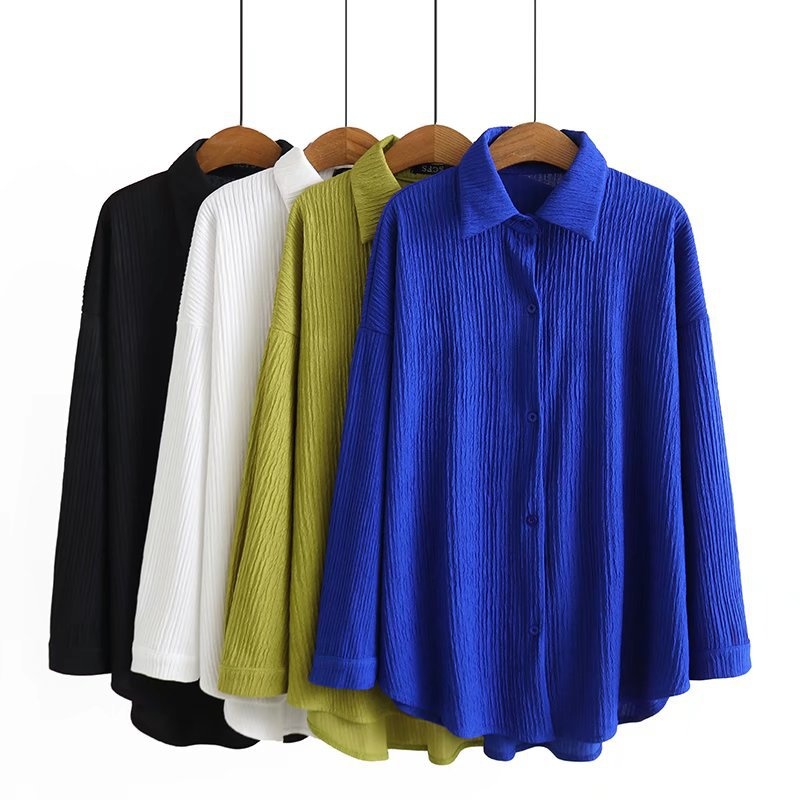 Plus-Size-Damenbluse im koreanischen Stil, Frühjahr 2025, lässig, mit Knittereffekt, einfarbig, langärmlig, Z47 836_voghion.com