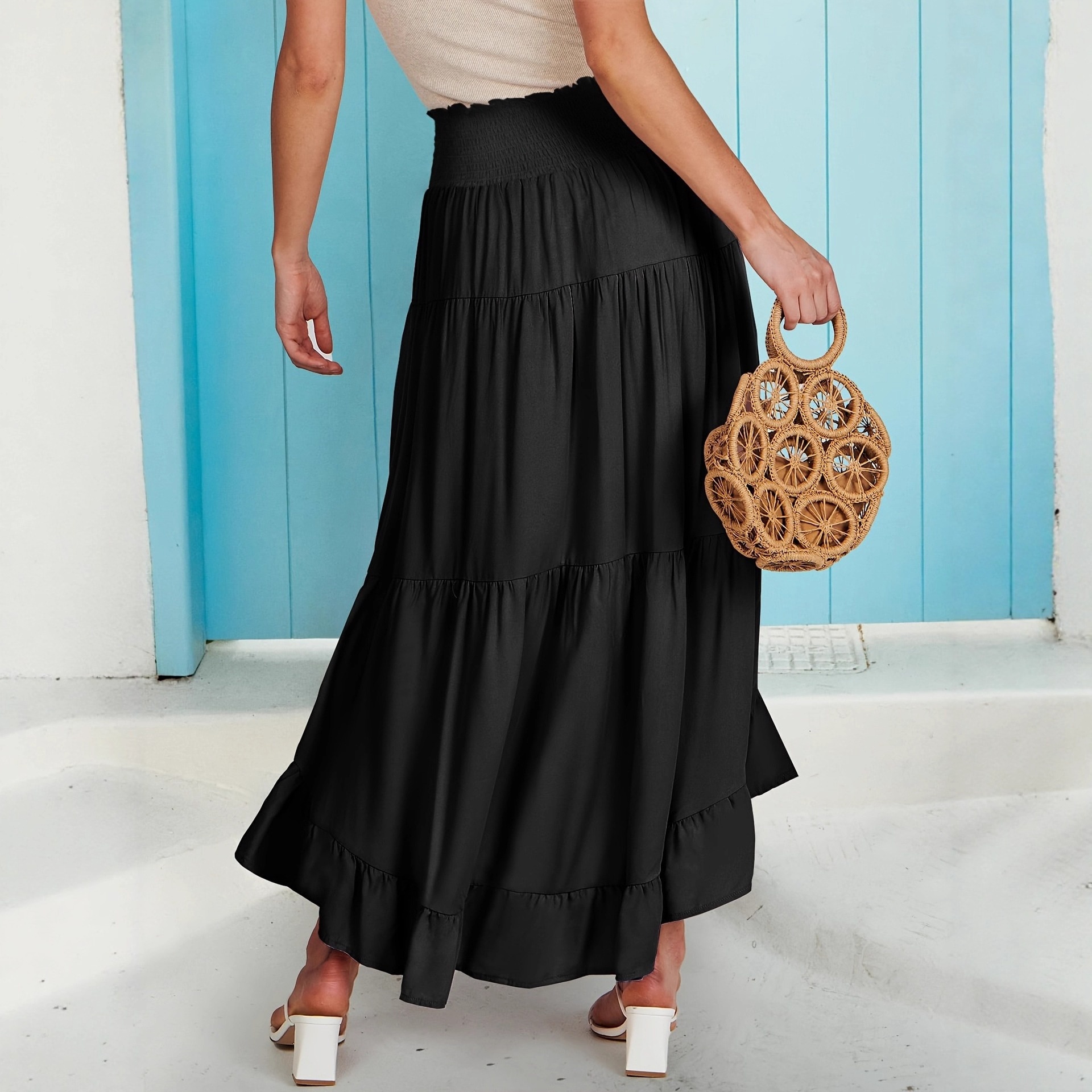 European And American Cross-border Foreign Trade Women's Summer Solid Color Ruffled Asymmetrical High-waisted Skirt For_voghion.com