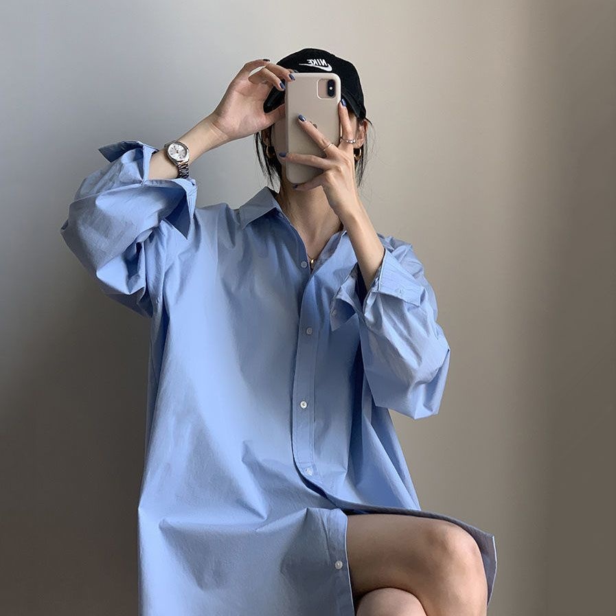Camicia da donna di media lunghezza per l'autunno, a maniche lunghe, vestibilità ampia, camicia bianca casual, top stile boyfriend con un design unico_voghion.com