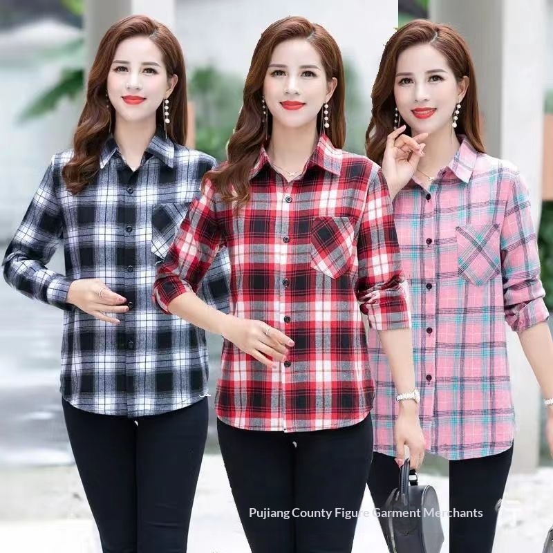 Women's Long-sleeve Plaid Blouse For Middle-aged And Elderly Women_voghion.com