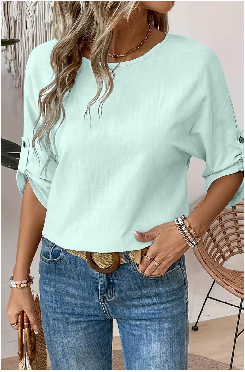 Chemise femme unie à col rond, design simple et tendance, élégante et polyvalente, à porter au quotidien._voghion.com