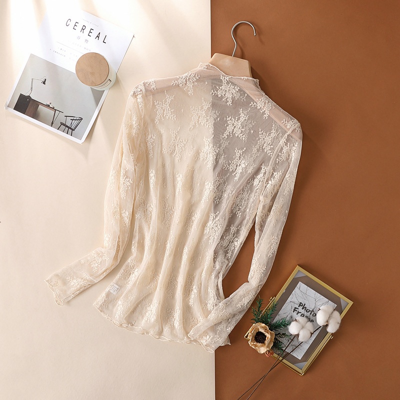 Nuova camicia di alta gamma con base in pizzo per donna, primavera e autunno 2025, top aderente a maniche lunghe in rete, sexy e di grande successo._voghion.com
