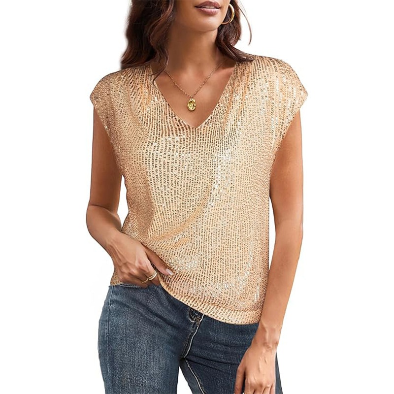2025 European And American Foreign Trade Cross-Border Independent Station V-Neck Sequin Short Sleeve Women's_voghion.com
