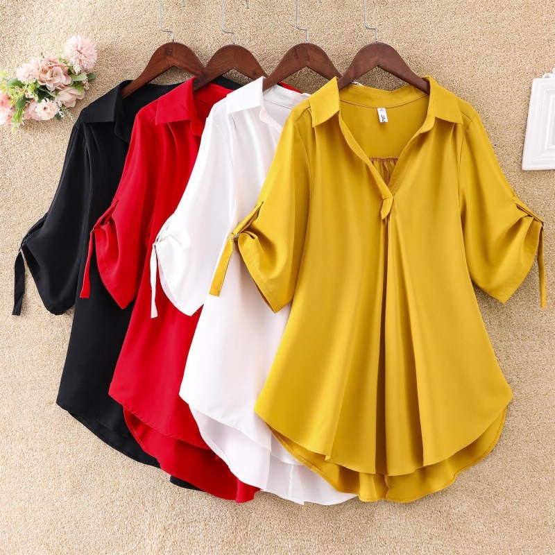 Mid-Length Short Sleeve Blouse 2025 Summer New Plus Size Loose Waist Slimming Chiffon Top For Women_voghion.com