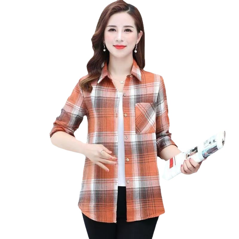 Middle-aged And Elderly Long-sleeve Shirt, 2026 Spring New Style, Korean-style Loose-fitting Collared Plaid Women's_voghion.com