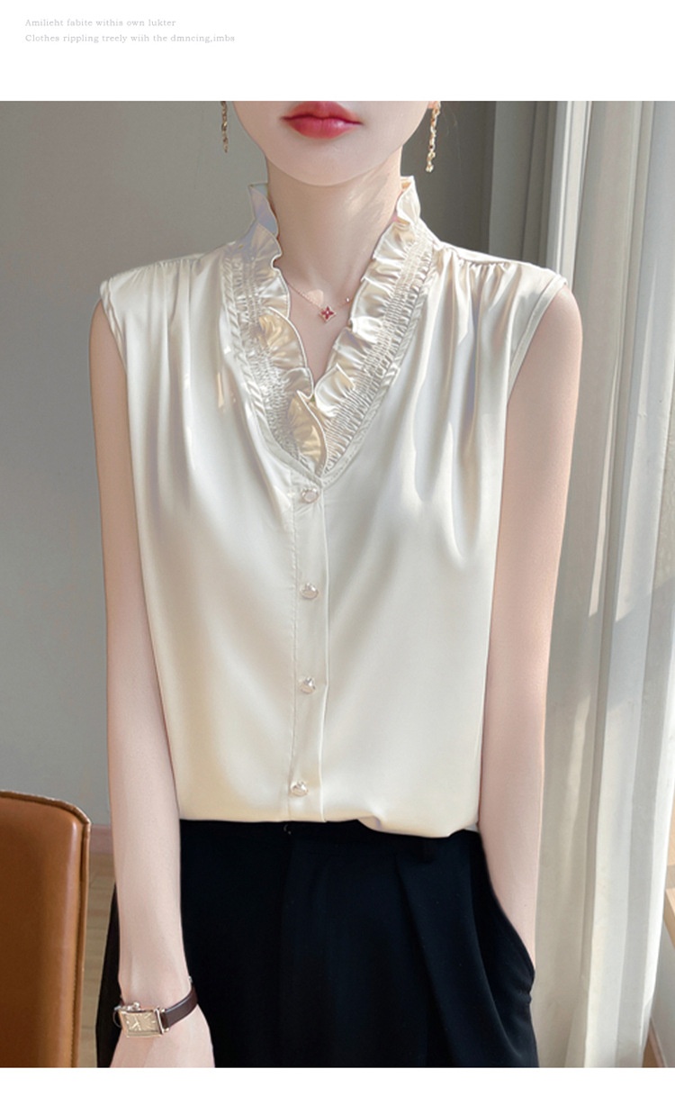 Women's Ruffled Edge Blouse Elegant Versatile Sleeveless Top_voghion.com