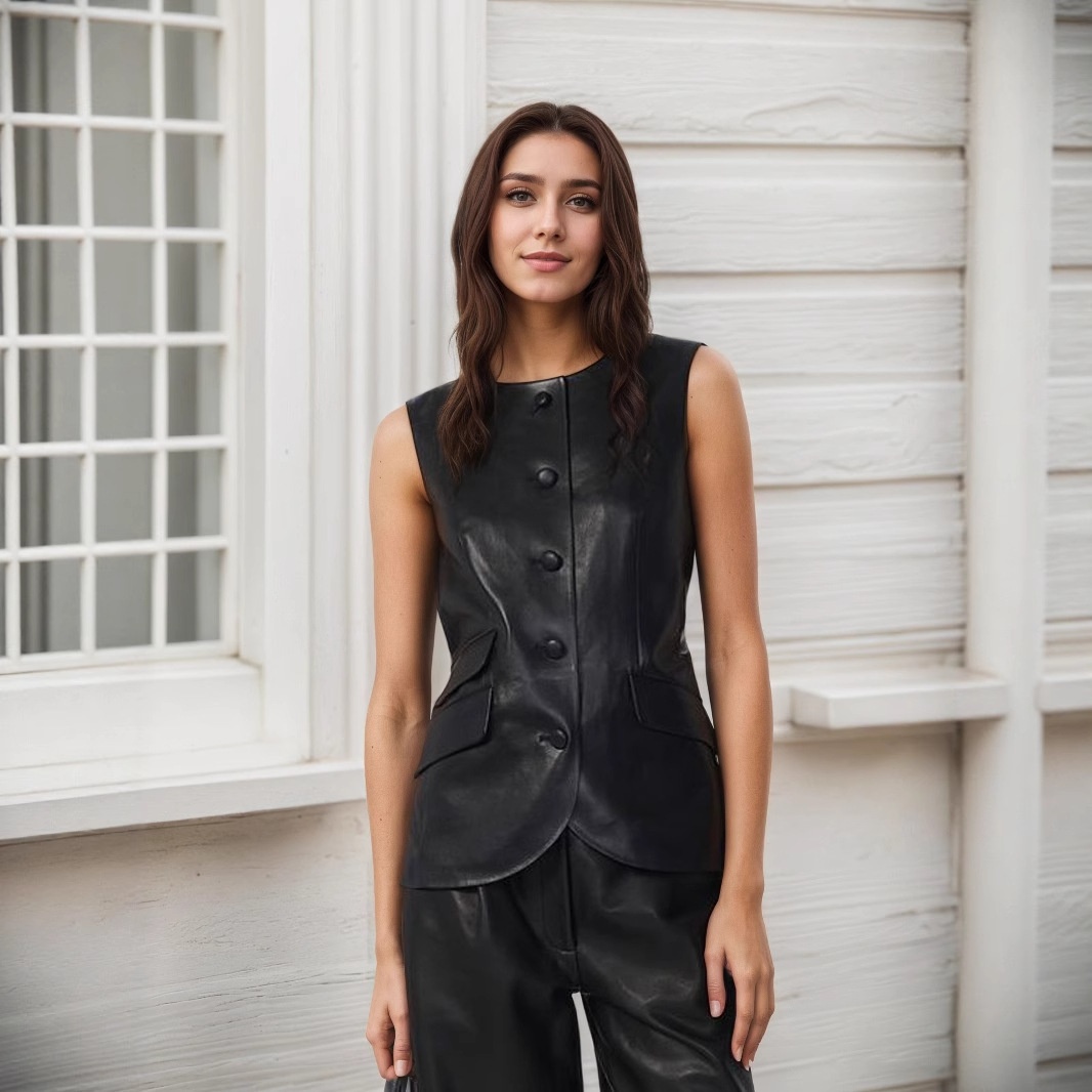 Damväst i svart konstläder med elegant design_voghion.com