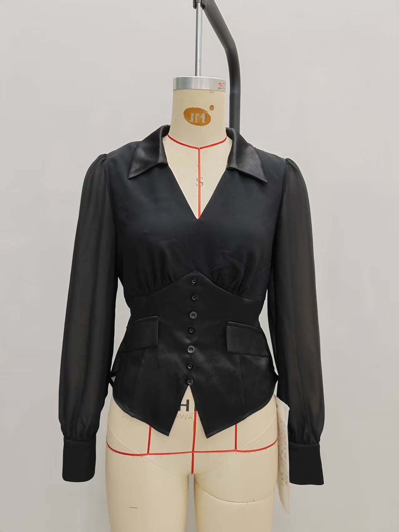 Women's Satin Blouse With Chiffon Inserts And V-neck Detail_voghion.com