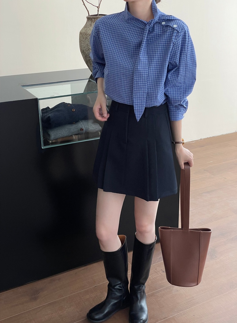 Camicia donna a quadri con lacci maniche lunghe blusa elegante_voghion.com