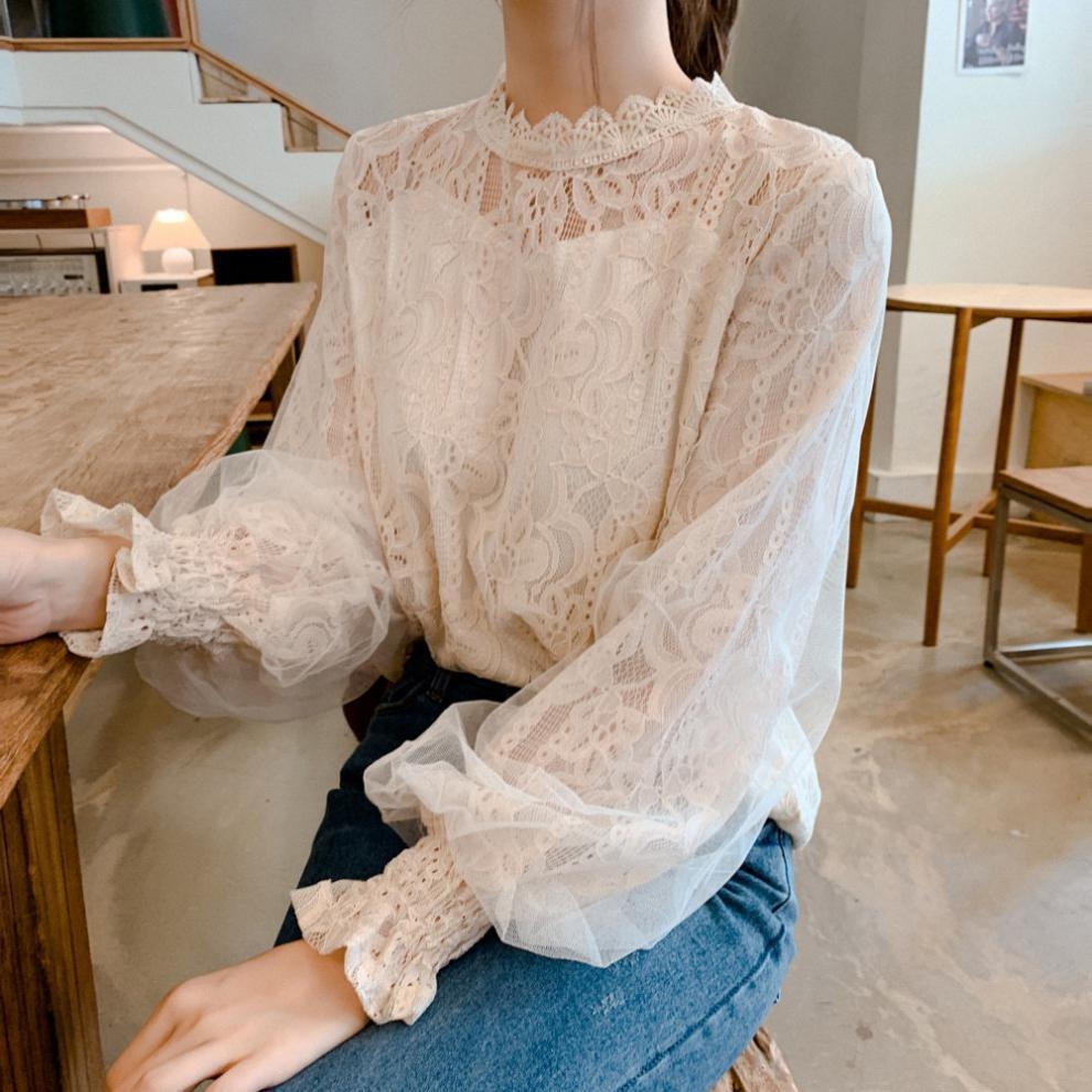 White Lace Blouse With Lantern Sleeves Korean Style Elegant Top_voghion.com