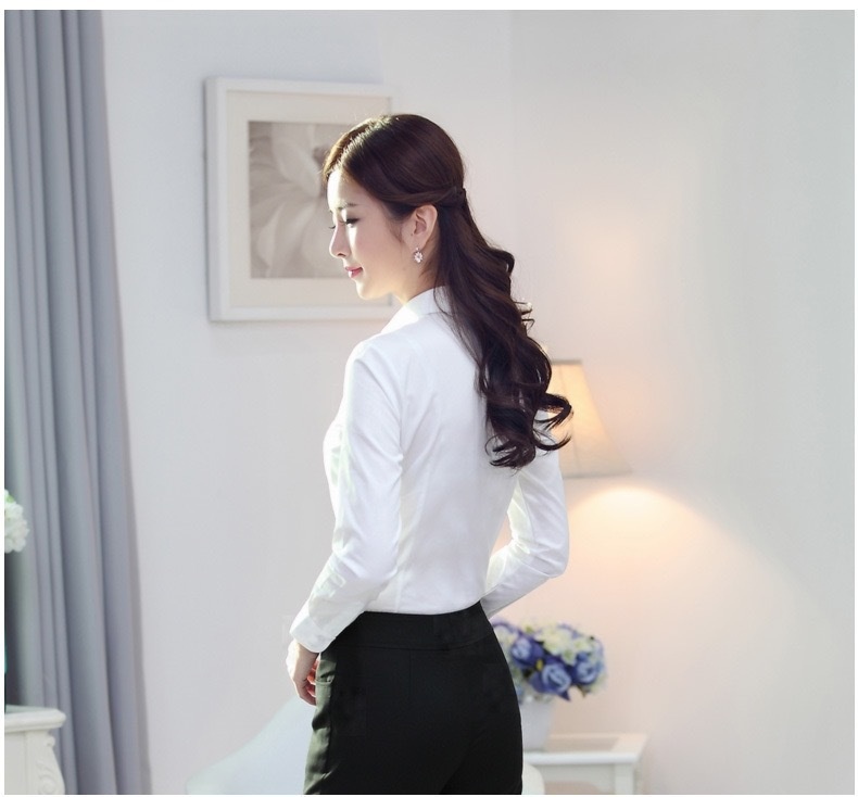 Dames blouse wit lange mouw slim fit formeel werkoverhemd_voghion.com