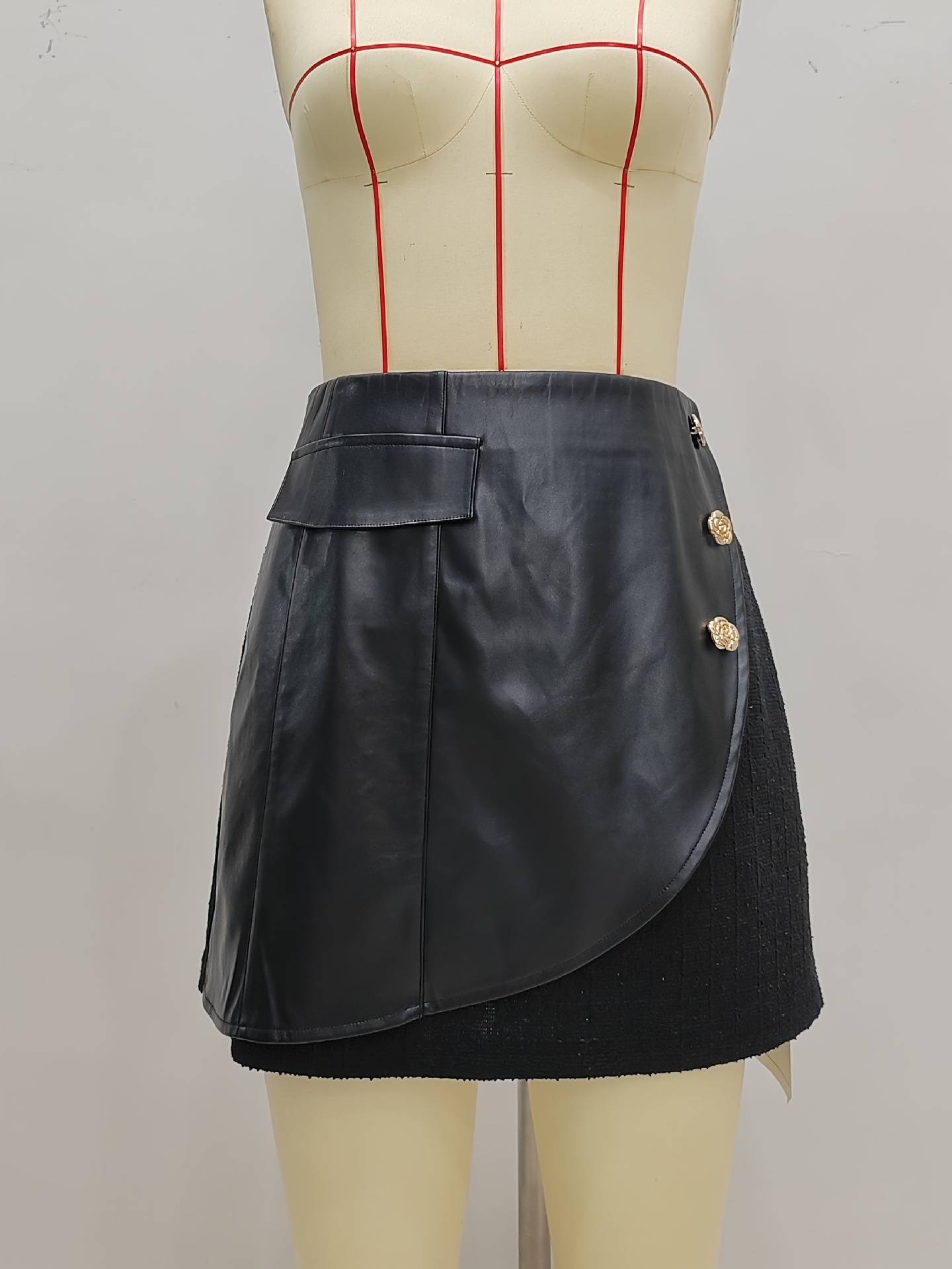 Women's Leather Patchwork A-line Skirt With Back Zipper And Pocket_voghion.com