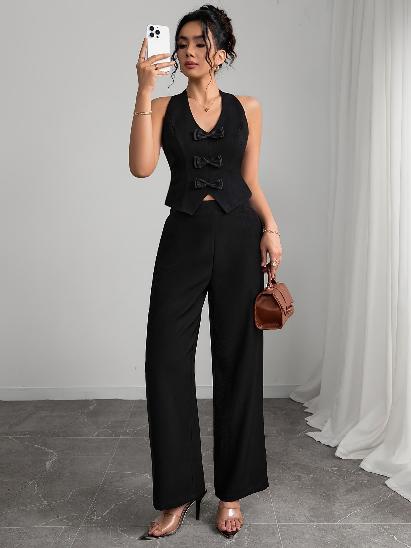 Dam lounge jumpsuit med väst fluga och långbyxor set_voghion.com