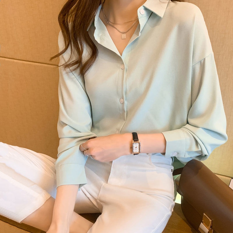 Spring And Autumn Loose Plus Size Solid Color Chiffon Blouse Women's Korean Casual Ins Hong Kong Style Long Sleeve Base_voghion.com