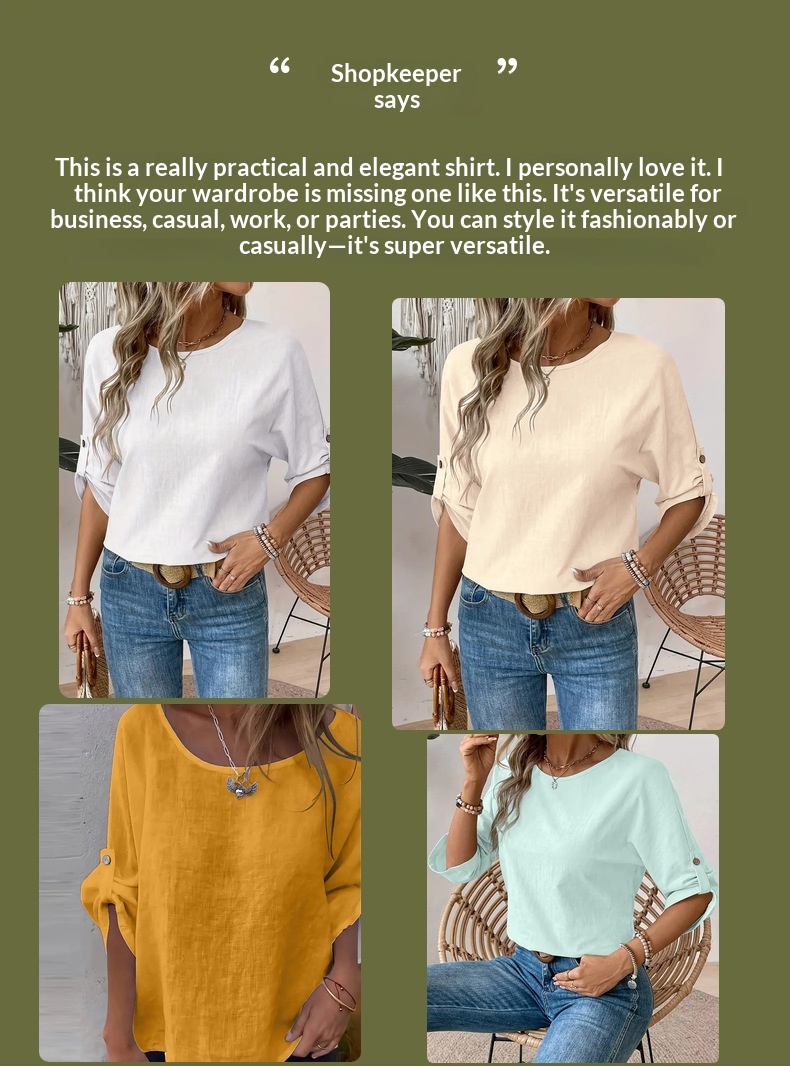 Chemise femme unie à col rond, design simple et tendance, élégante et polyvalente, à porter au quotidien._voghion.com