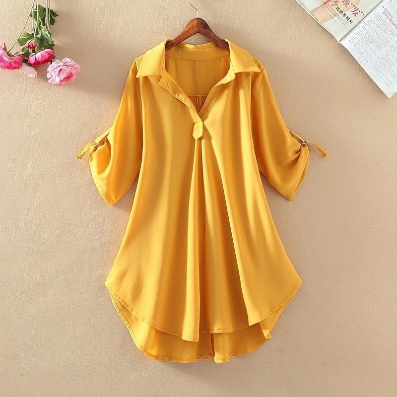 Mid-Length Short Sleeve Blouse 2025 Summer New Plus Size Loose Waist Slimming Chiffon Top For Women_voghion.com