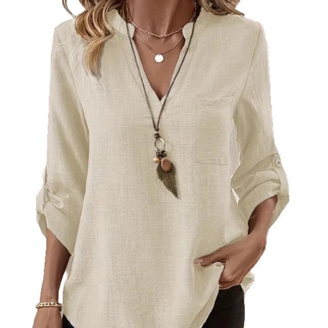 2025 Spring/Summer European And American Cross-Border Trade New Women's Casual Loose Plus-Size V-Neck Solid Color Shirt_voghion.com