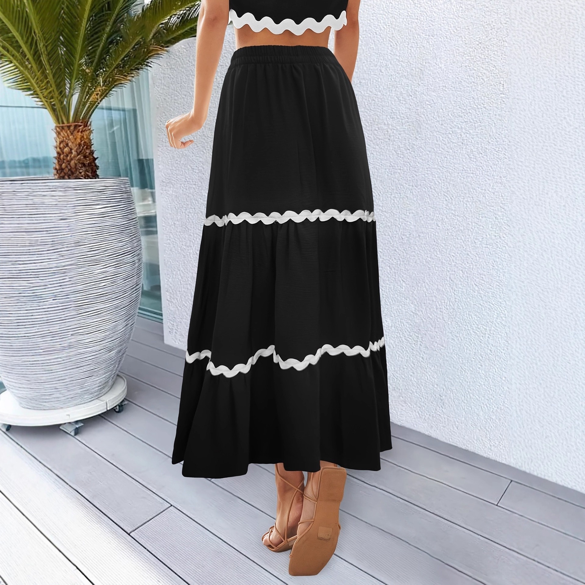 European And American Cross-border Autumn New Women's Simple Wavy Lace Bohemian Style Large Hem Skirt_voghion.com