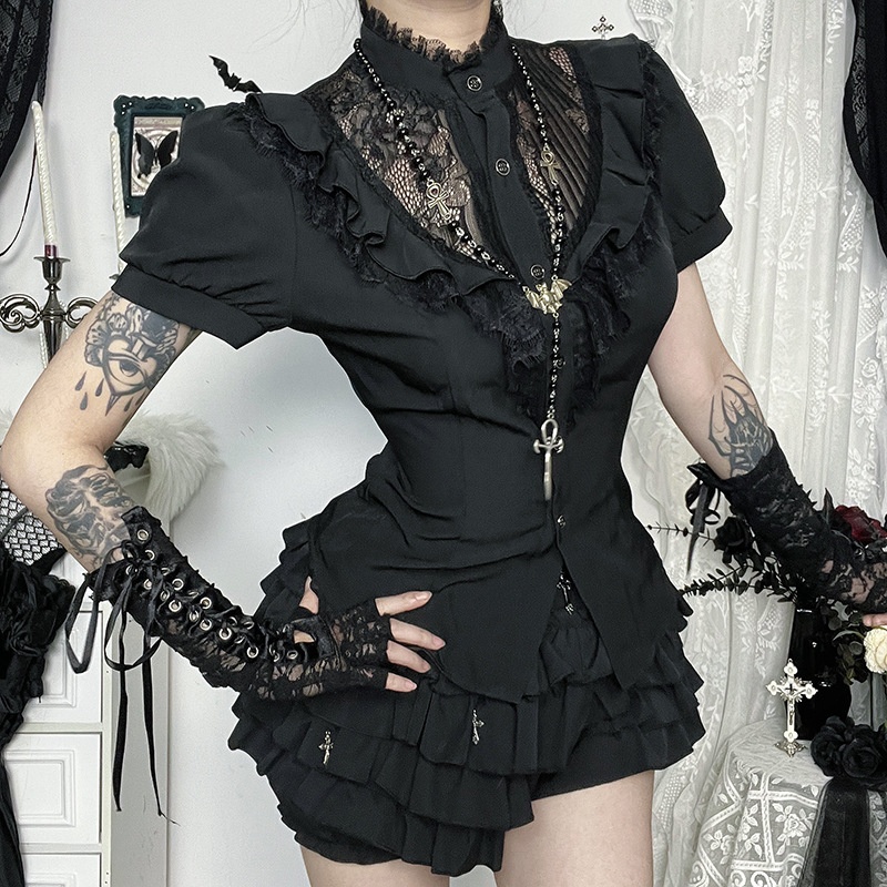 CF25145 Lace Hollow Short Sleeve Top Subculture Summer New Sexy Hot Girl Slim Fit Versatile Women's Shirt_voghion.com