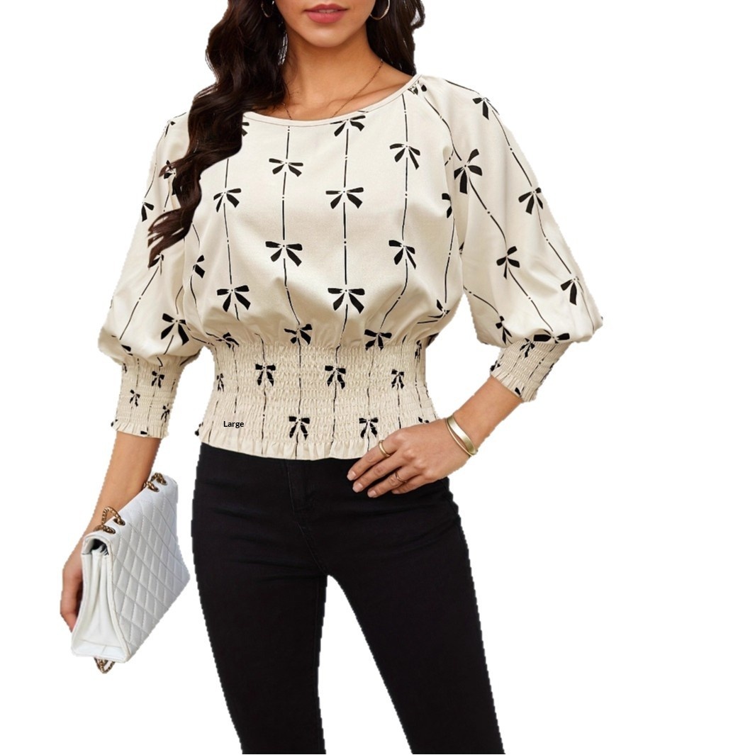 Modisches, bedrucktes russisches Frühlings-/Sommerhemd im europäischen und amerikanischen Stil mit geraffter Taille, Laternenärmeln und Rüschen._voghion.com