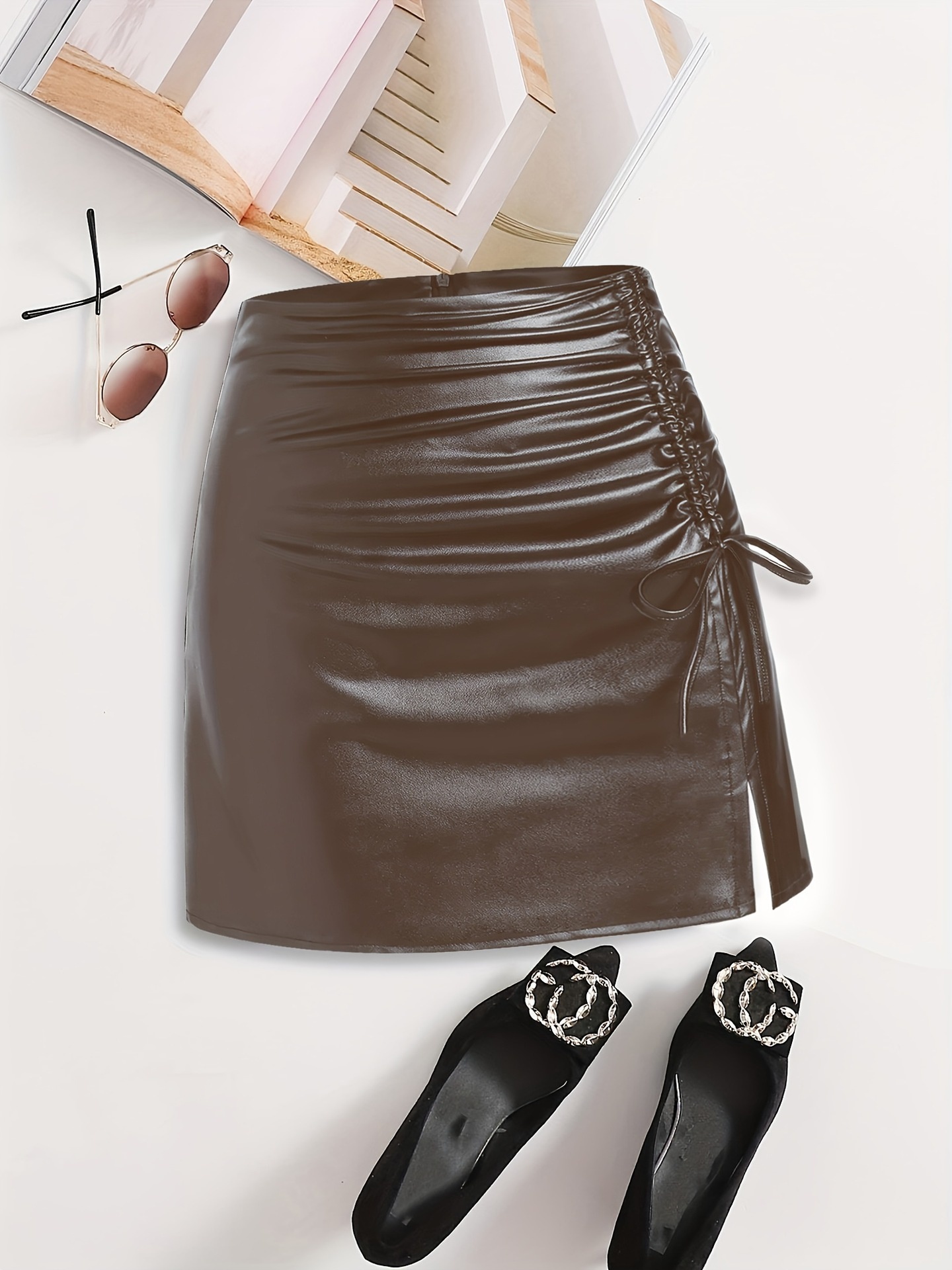 Dames rok van pu-leder met hoge taille en split mini_voghion.com