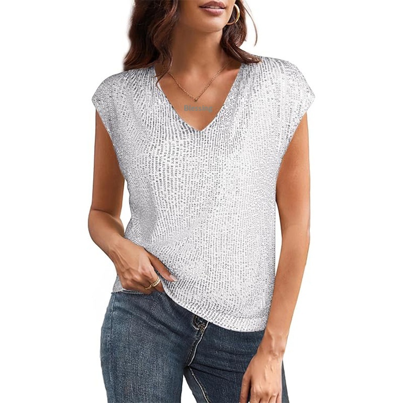 2025 European And American Foreign Trade Cross-Border Independent Station V-Neck Sequin Short Sleeve Women's_voghion.com