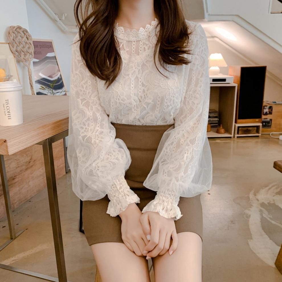 White Lace Blouse With Lantern Sleeves Korean Style Elegant Top_voghion.com