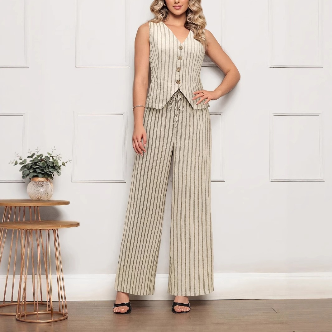 European American Cross-border Women's Set: Linen Open-front Sleeveless Vest Top And Elastic-waist Striped Wide-leg_voghion.com