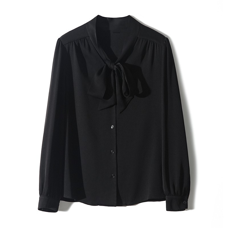 Camicia elegante da donna in acetato con scollo a v e fiocco_voghion.com