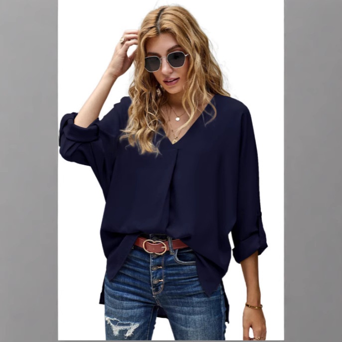 Cross-border European And American Chiffon 2023 Spring/summer Sexy V-neck Loose Plus-size Shirt Fashionable_voghion.com