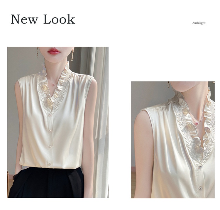 Women's Ruffled Edge Blouse Elegant Versatile Sleeveless Top_voghion.com