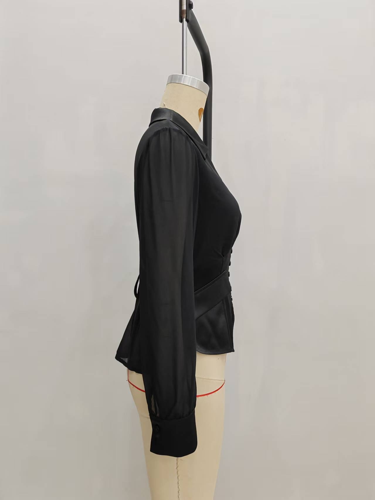 Women's Satin Blouse With Chiffon Inserts And V-neck Detail_voghion.com