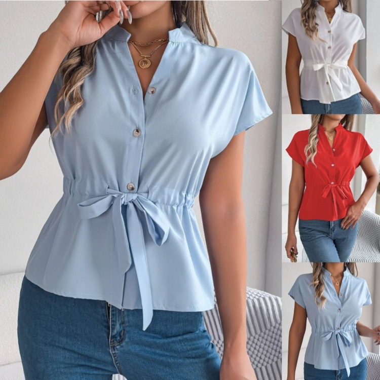 2025 Summer Cross-Border Short-Sleeve Chiffon V-Neck Button Shirt Elegant Belted Women's Apparel_voghion.com