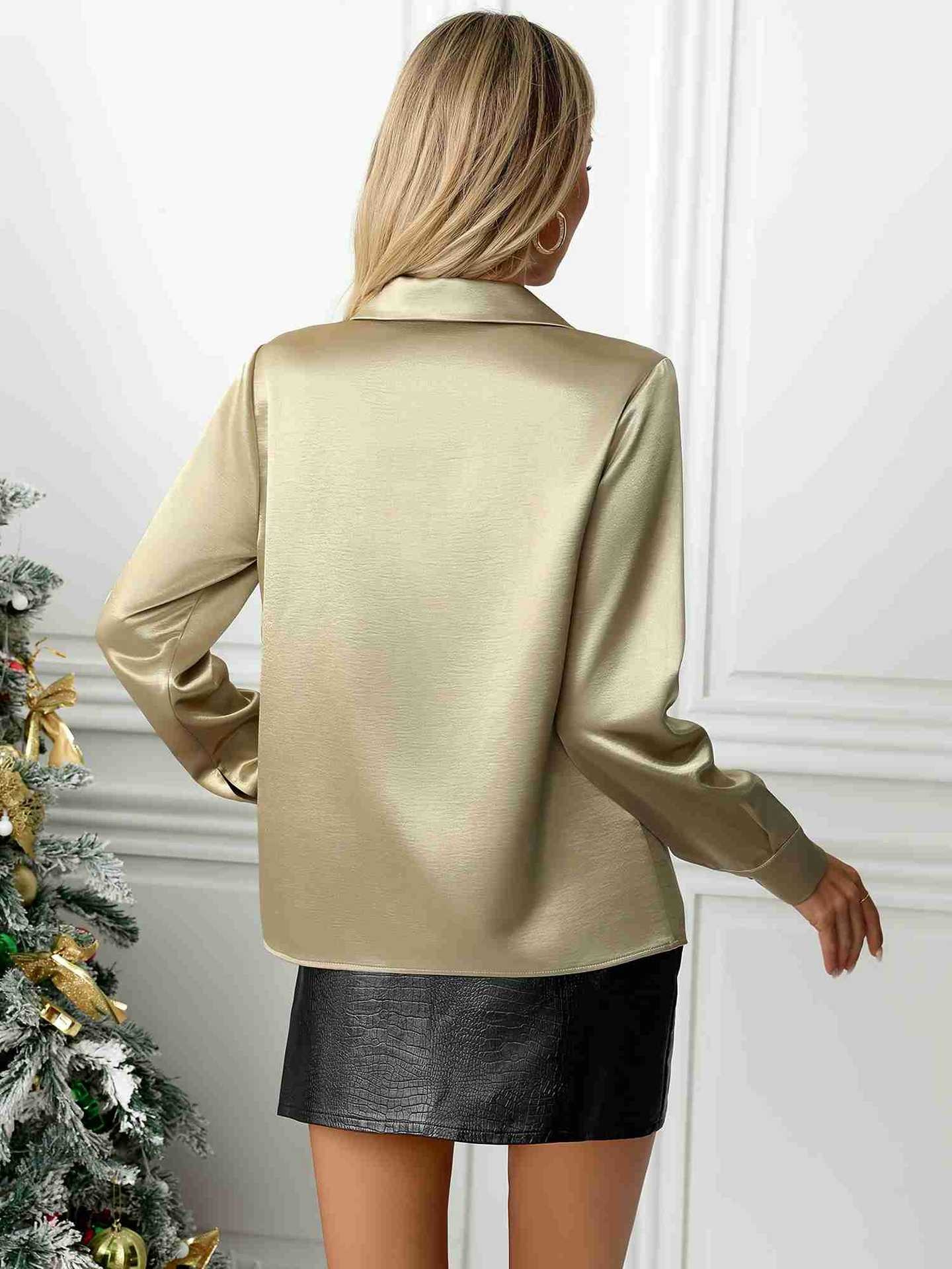 Elegant damblus med lång ärm och öppen front för hösten_voghion.com