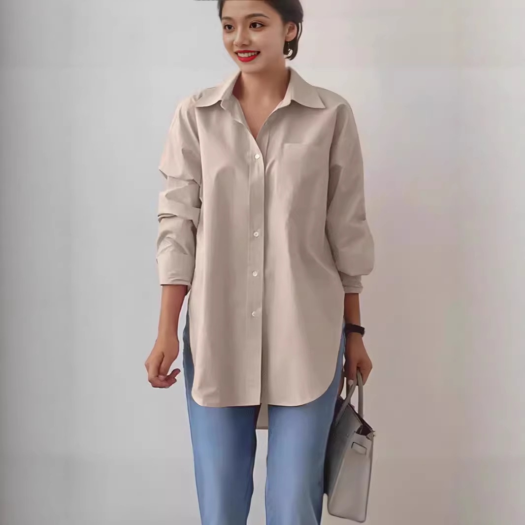 Elegante colletto risvoltato a maniche lunghe, moda 2024, donna, primavera e autunno, tinta unita, orlo a contrasto, oversize, OL Work_voghion.com