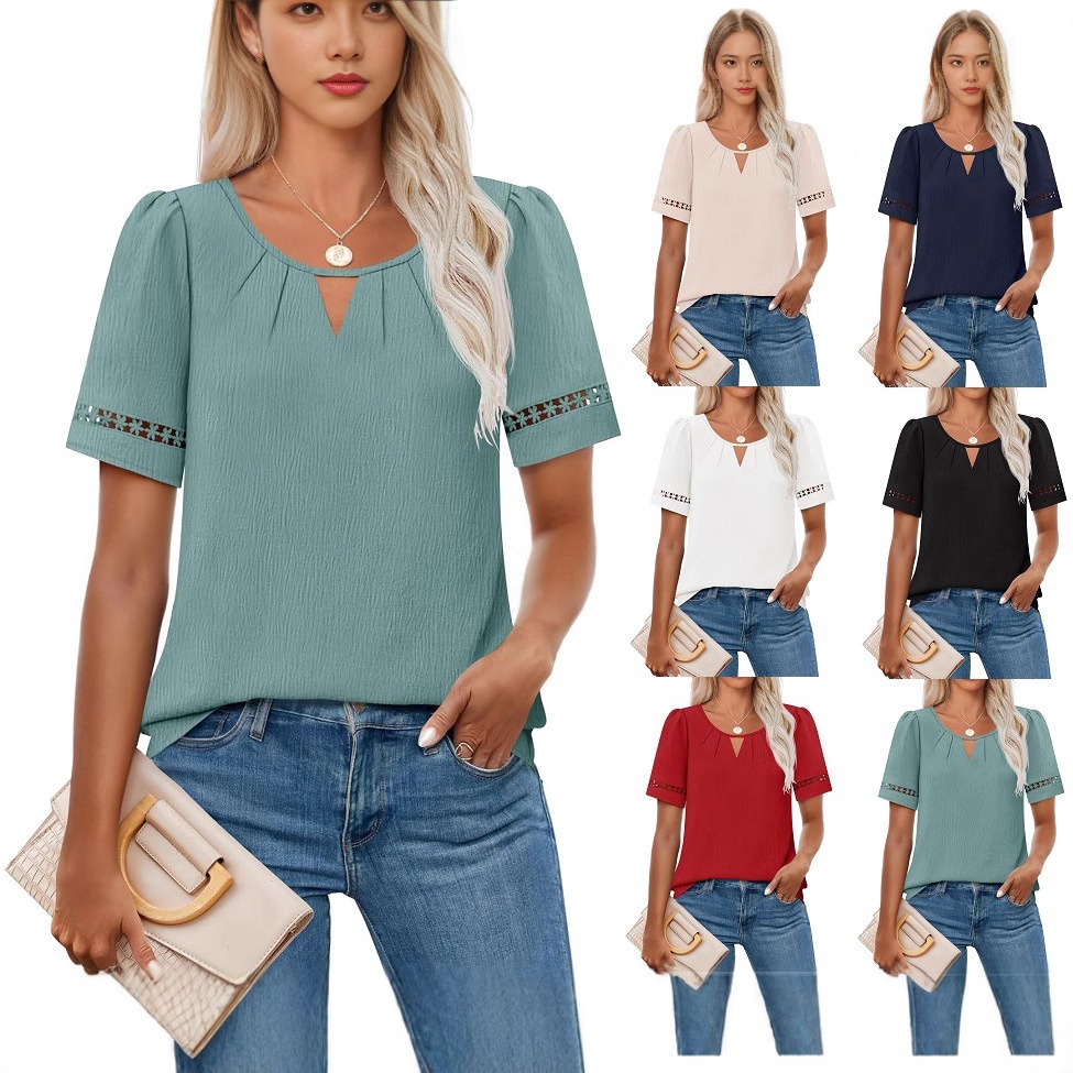 2026 Summer European And American Cross-Border Trade Women's Elegant Hollow Lace Solid Color No-Button Short_voghion.com