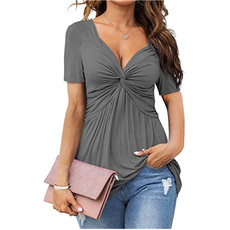 Elegantes, lässiges Damen-T-Shirt im europäischen und amerikanischen Stil (2025) mit V-Ausschnitt, raffiniertem Twist-Detail vorne und kurzen Ärmeln, einfarbig, zum Überziehen_voghion.com