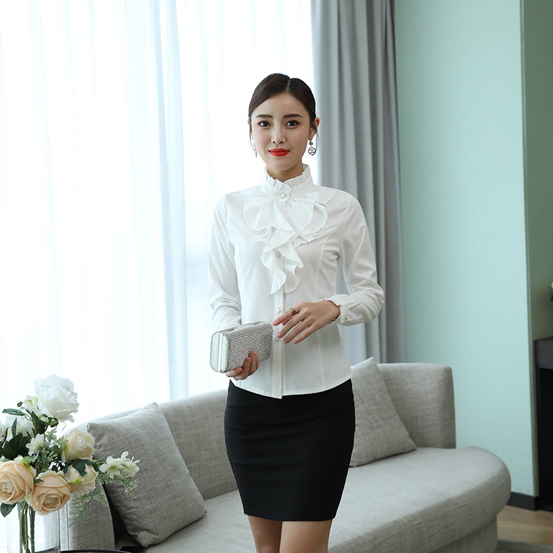 Nuova camicia da donna slim fit con colletto alto e pizzo viola bianco, a maniche lunghe, ideale per autunno e inverno._voghion.com