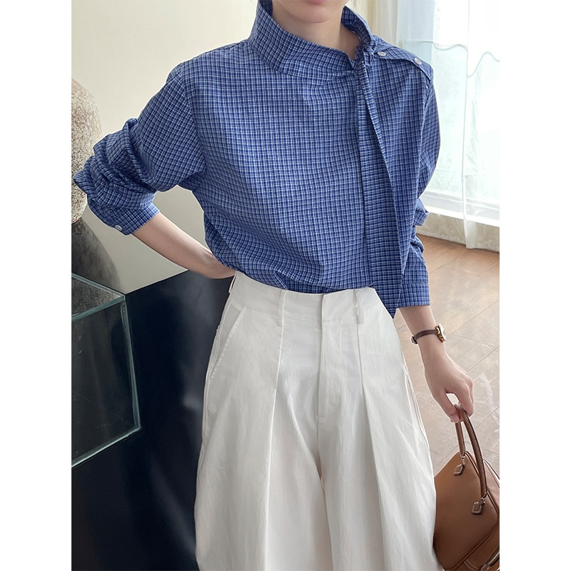 Camicia a maniche lunghe da donna Taochuan in 100% cotone a quadri blu con lacci, autunno 2024, elegante e comoda, modello 2623._voghion.com