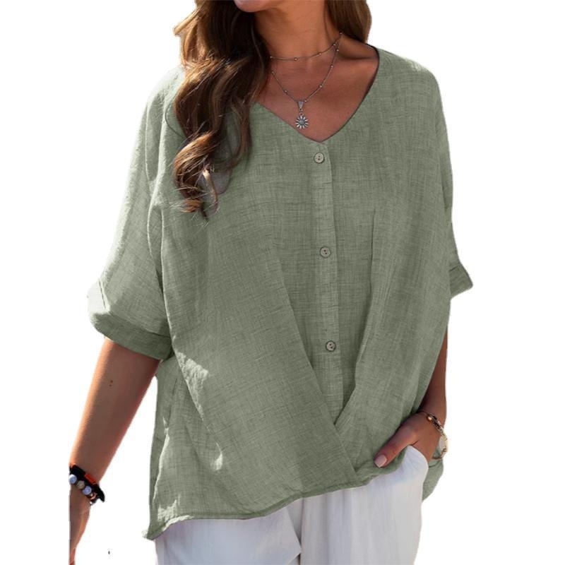 2025 Cross-Border European And American Cotton Linen V-Neck Pullover Kurzarm Loose Women's Shirt Casual Top_voghion.com
